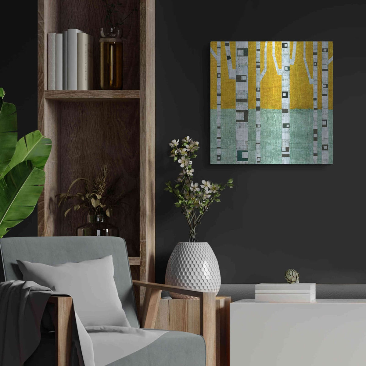 'Early Winter Birches' by Michelle Calkins – Metal Wall Art, 24x24 room view