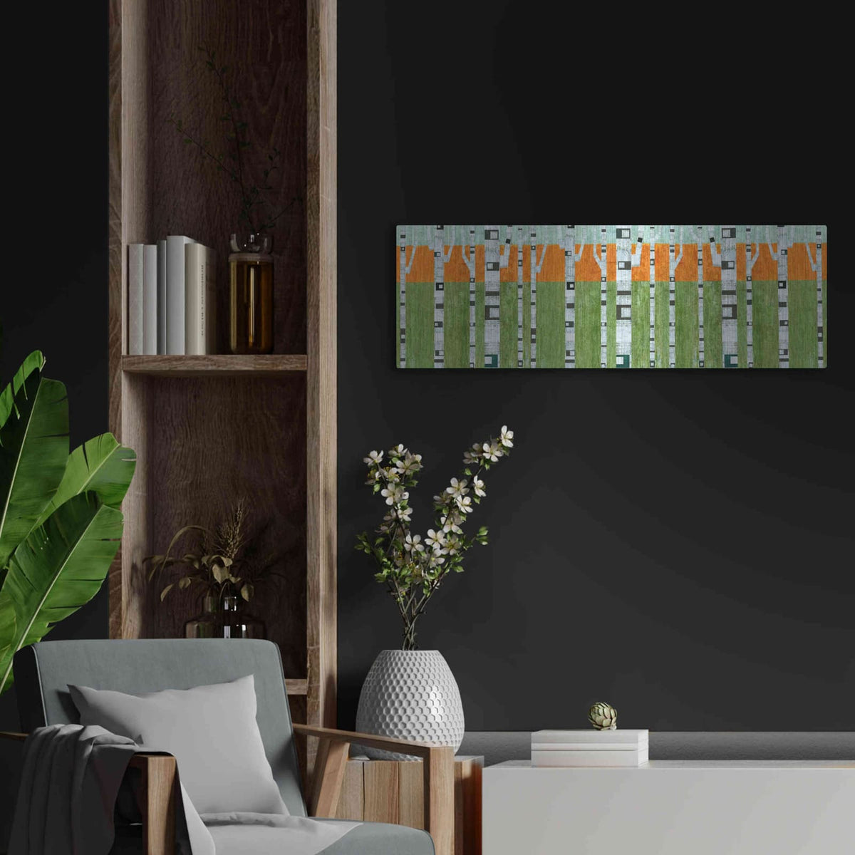 'Birches in Spring' by Michelle Calkins – Metal Wall Art, 36x12 room view