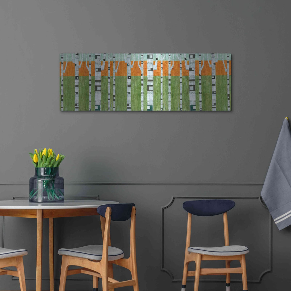'Birches in Spring' by Michelle Calkins – Metal Wall Art, 48x16 room view