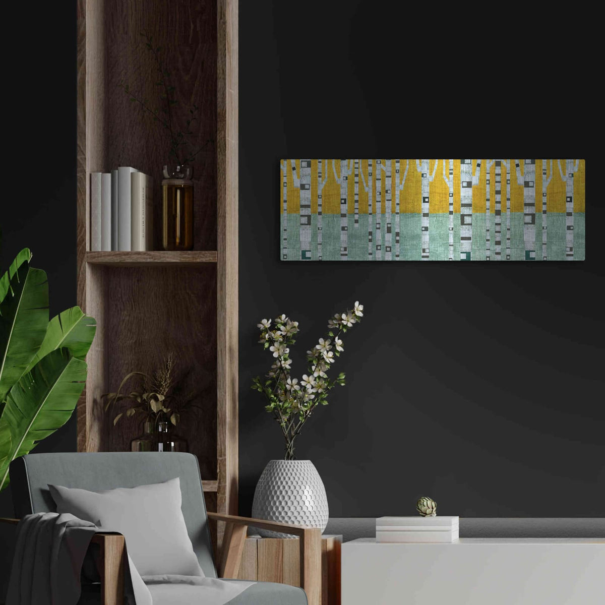 'Birches in Early Winter' by Michelle Calkins – Metal Wall Art, 36x12 room view