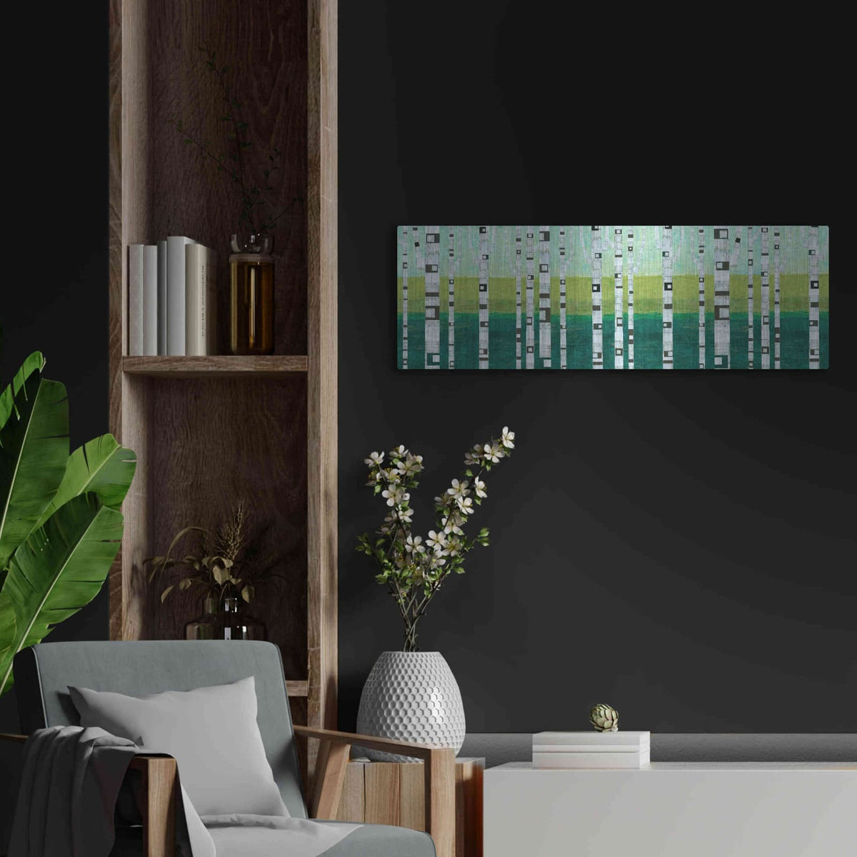 'Birches at the Beach' by Michelle Calkins – Metal Wall Art, 36x12 room view