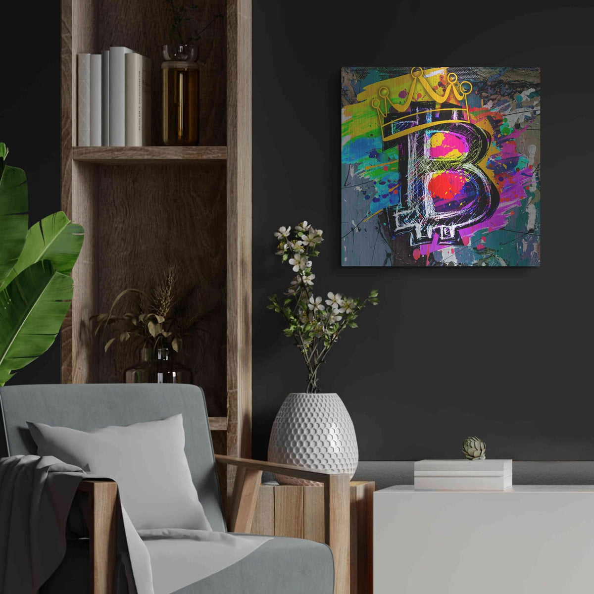 'Bitcoin Crypto King' by Valentyn Artemenko – Metal Wall Art, 24x24 room view