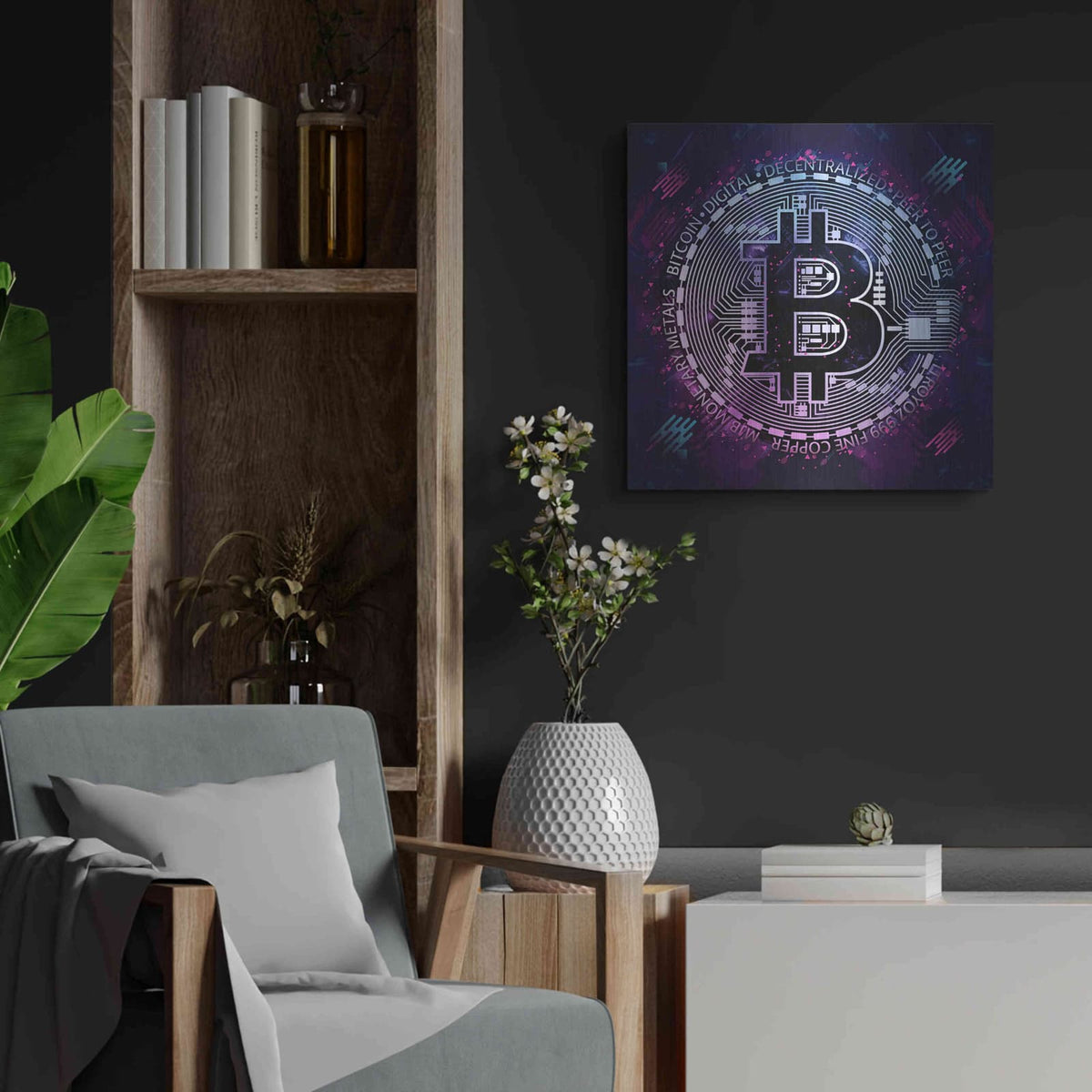 'Bitcoin 80s' by Cameron Gray – Metal Wall Art, 24x24 room view