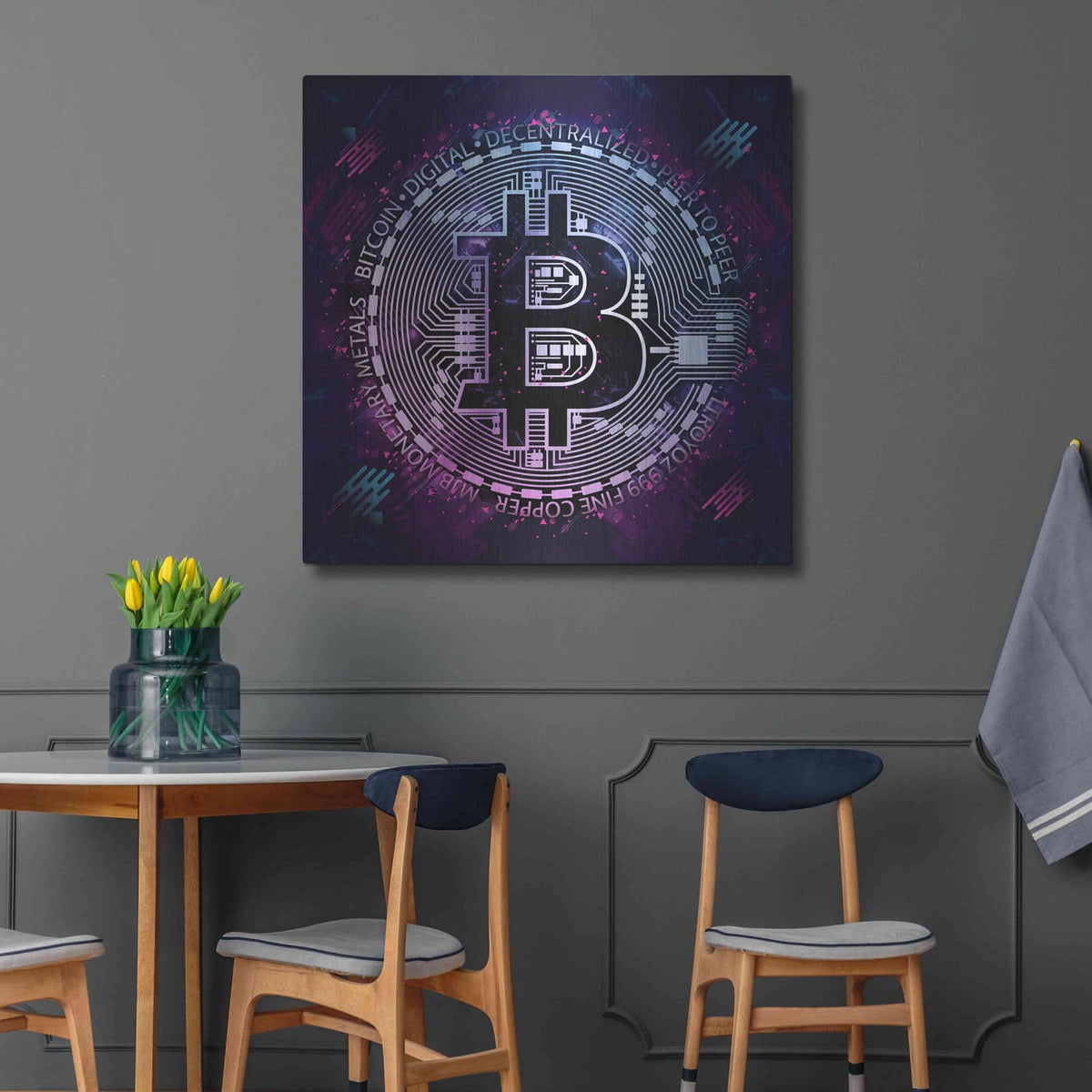 'Bitcoin 80s' by Cameron Gray – Metal Wall Art, 36x36 room view