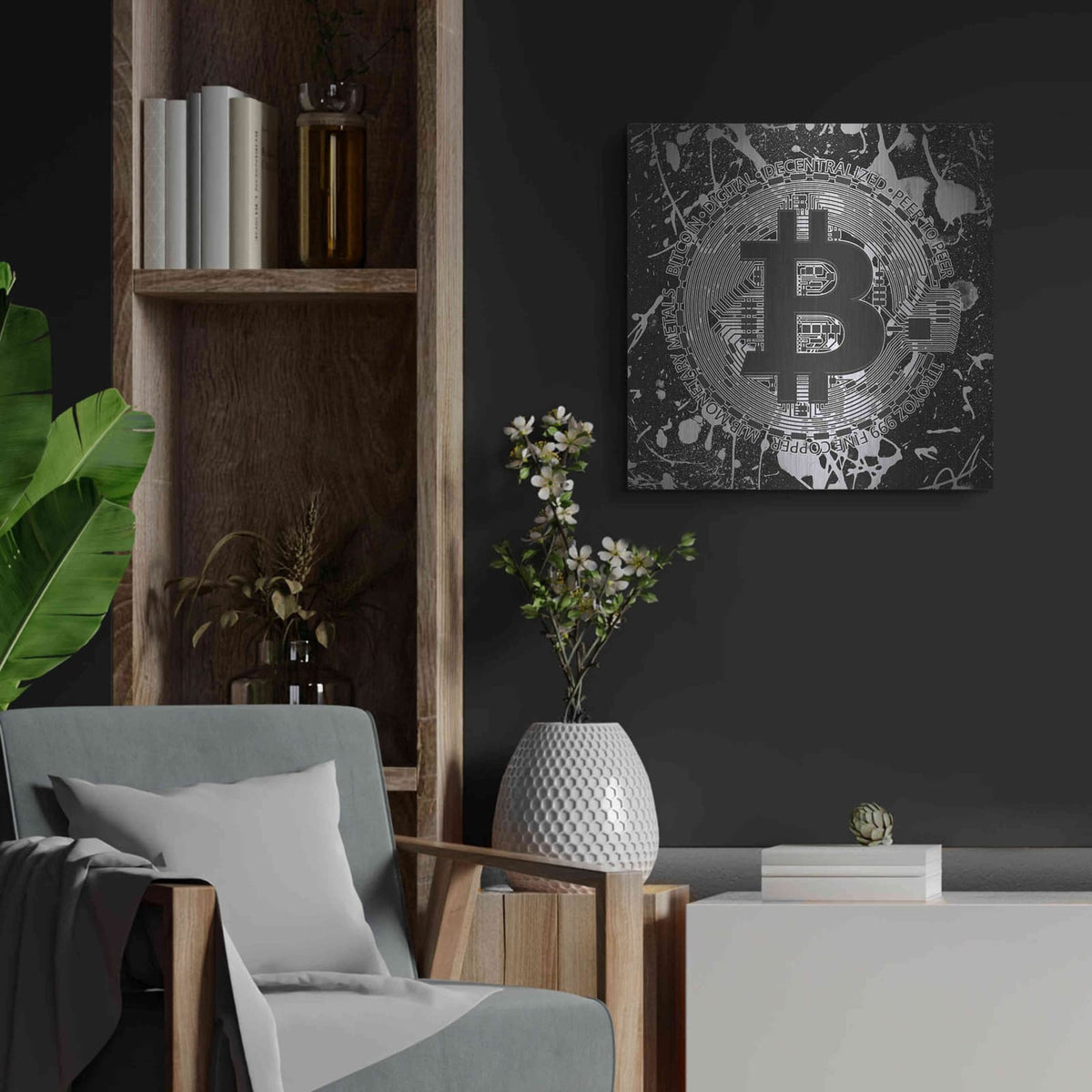 'Bitcoin Black Ice' by Cameron Gray – Metal Wall Art, 24x24 room view