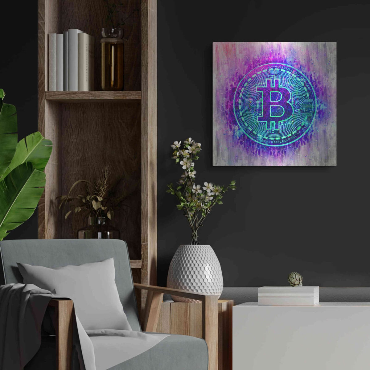 'Bitcoin Melt' by Cameron Gray – Metal Wall Art, 24x24 room view