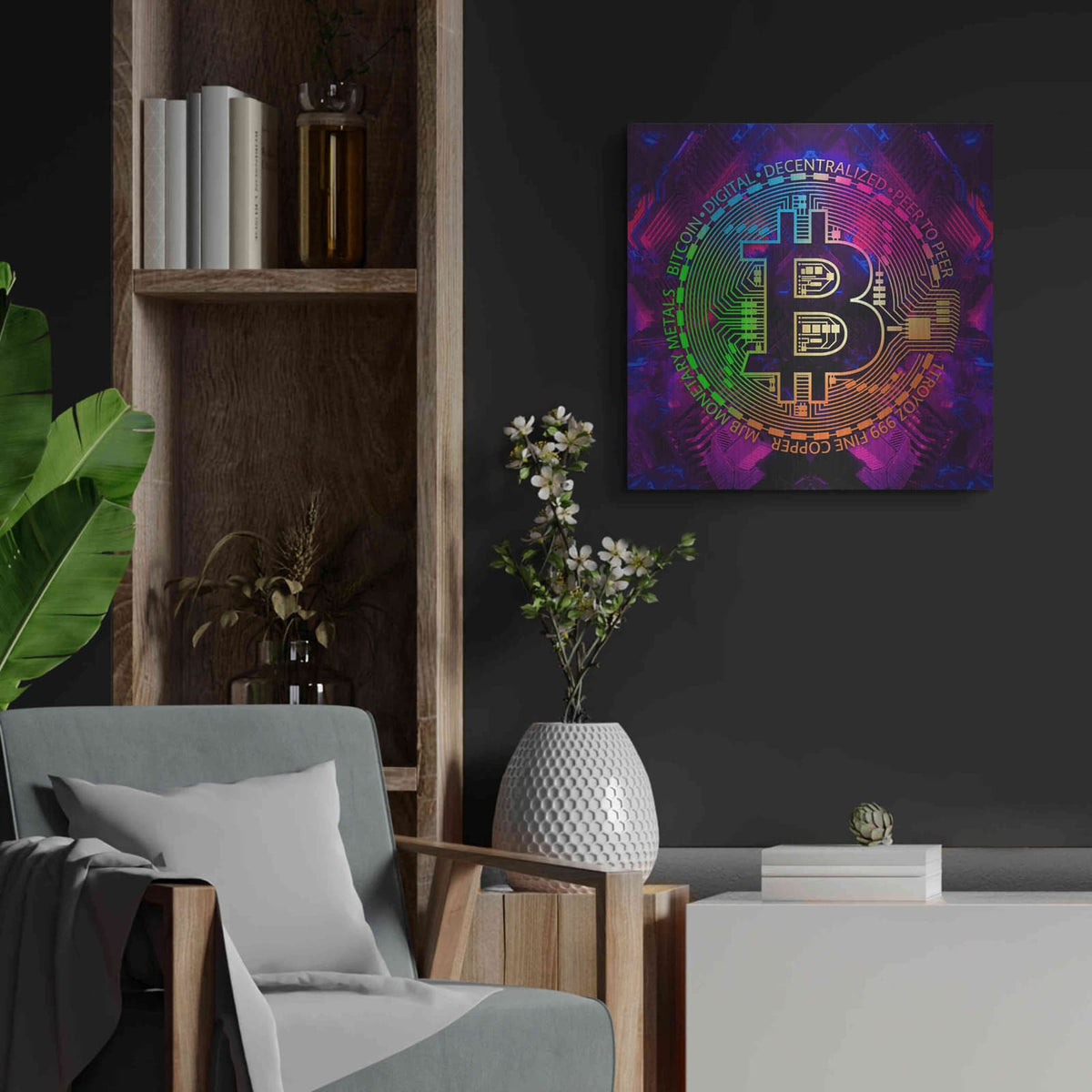 'Bitcoin Rainbow' by Cameron Gray – Metal Wall Art, 24x24 room view