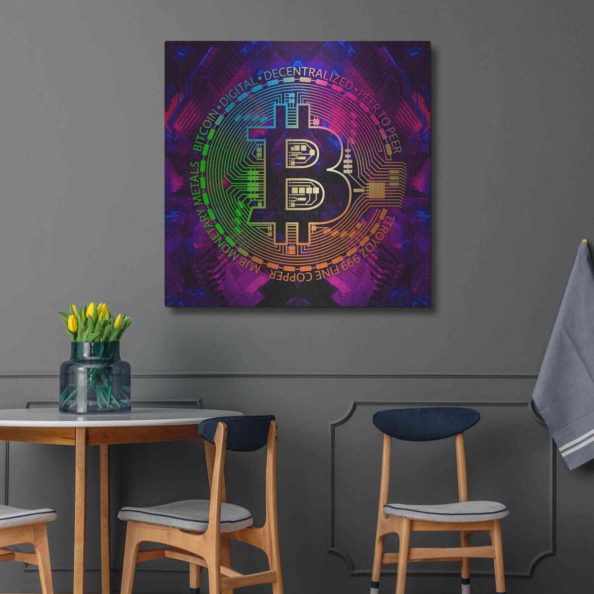 'Bitcoin Rainbow' by Cameron Gray – Metal Wall Art, 36x36 room view