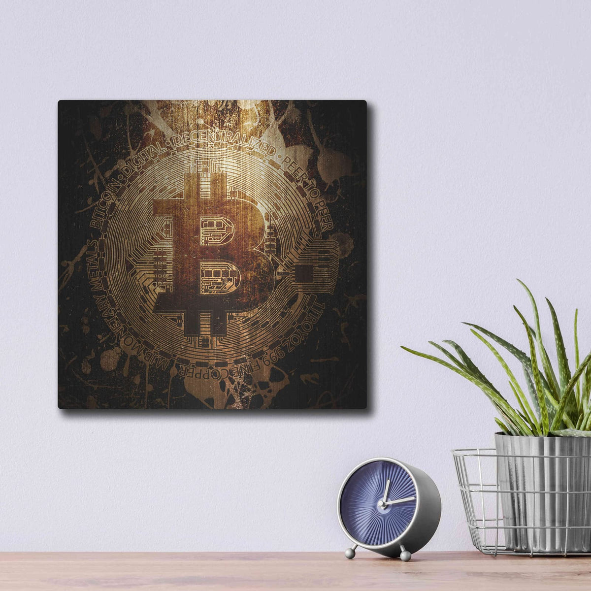 'Bitcoin Zinc' by Cameron Gray – Metal Wall Art, 12x12 room view