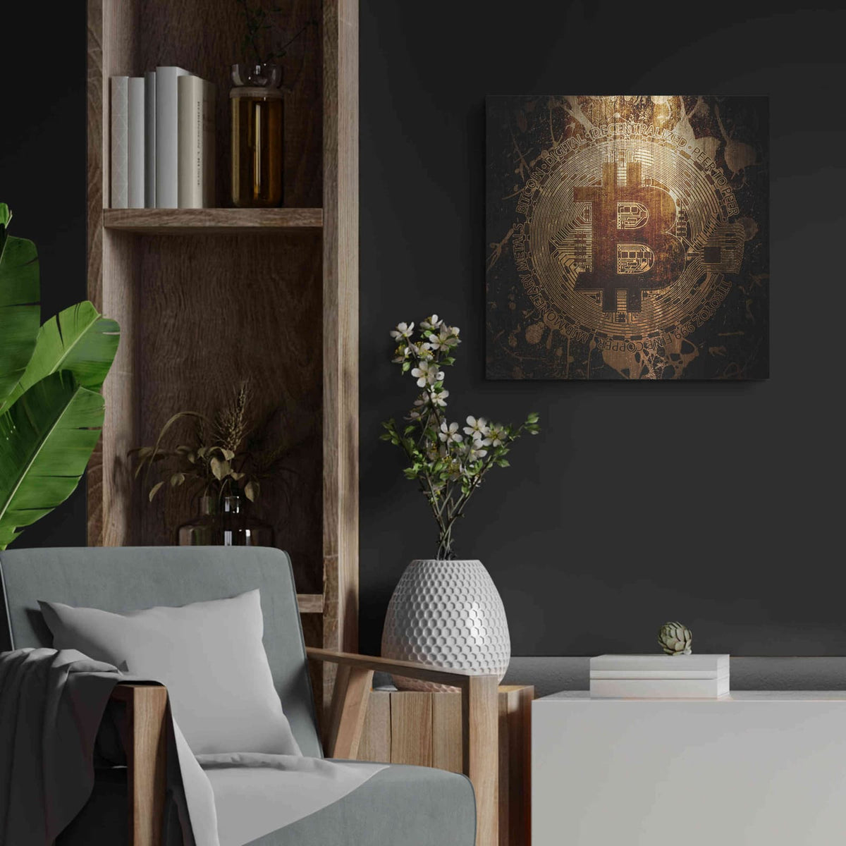 'Bitcoin Zinc' by Cameron Gray – Metal Wall Art, 24x24 room view
