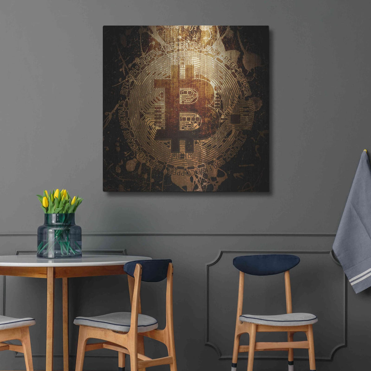 'Bitcoin Zinc' by Cameron Gray – Metal Wall Art, 36x36 room view
