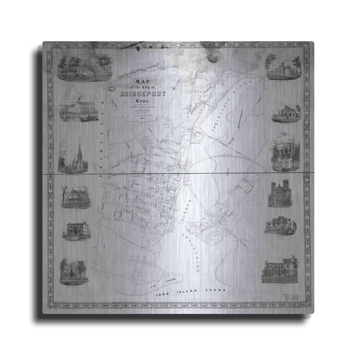 'Map of Bridgeport, CT 1850' by Historical Portfolio – Metal Wall Art