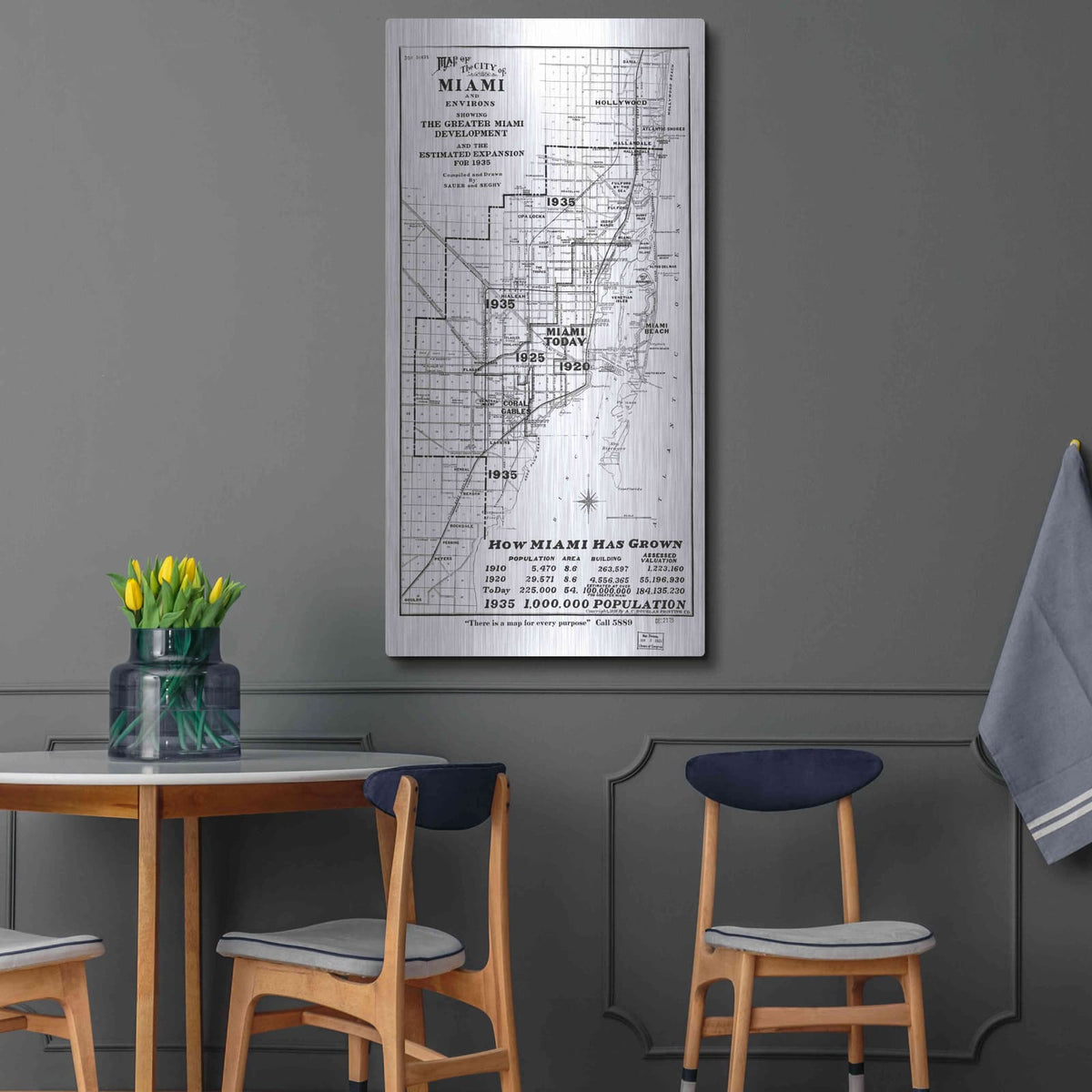 'Map of Miami 1925' by Historical Portfolio – Metal Wall Art, 24x48 room view