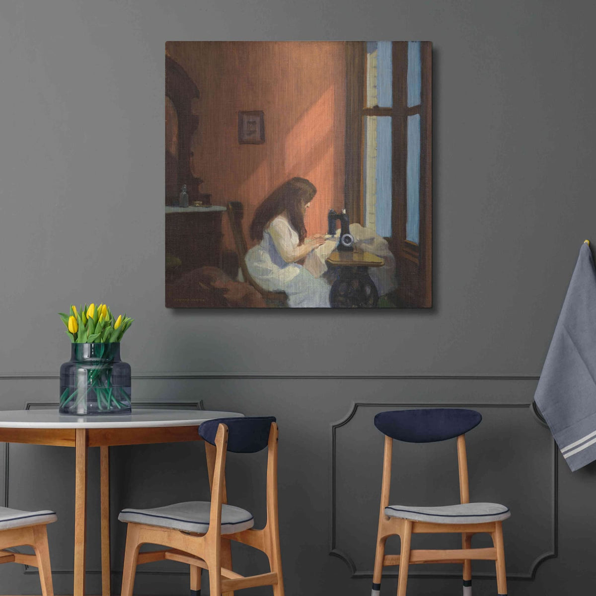 'Girl At Sewing Maching, 1921' by Edward Hopper – Metal Wall Art, 36x36 room view