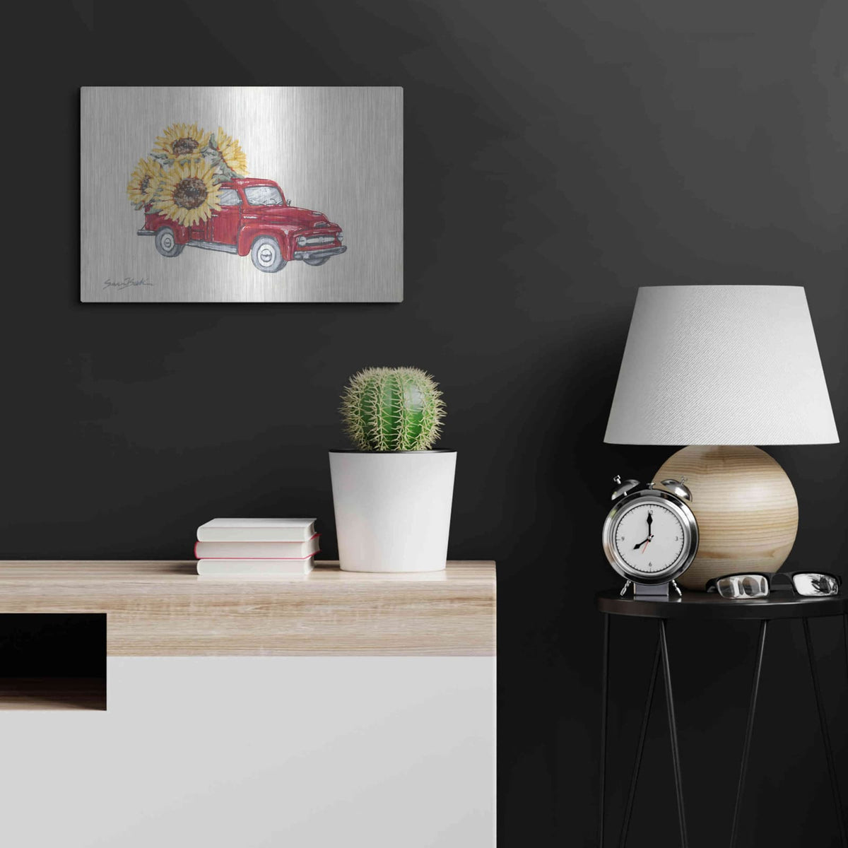 'Sunflower Farm Truck' by Sara Baker – Metal Wall Art, 24x16 room view
