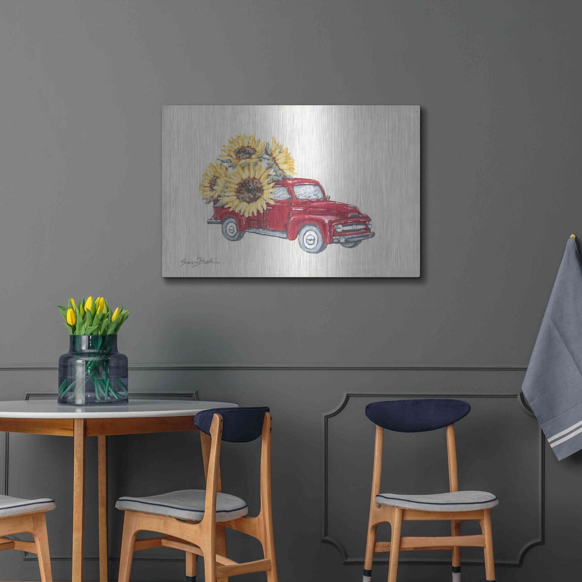 'Sunflower Farm Truck' by Sara Baker – Metal Wall Art, 36x24 room view