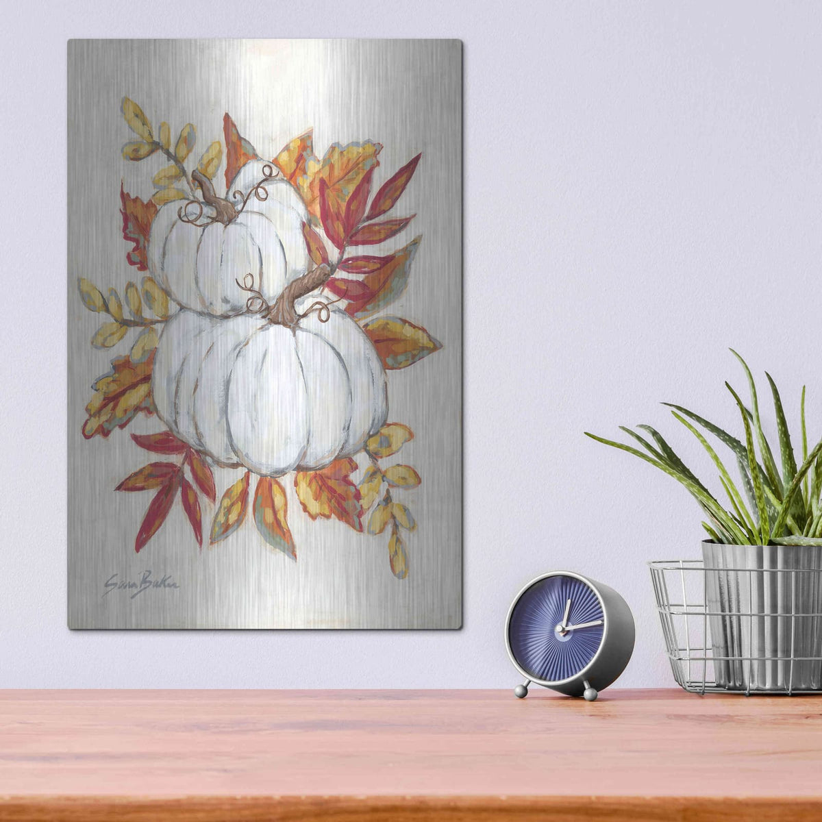 'White Pumpkin Fall Foliage' by Sara Baker – Metal Wall Art, 12x16 room view