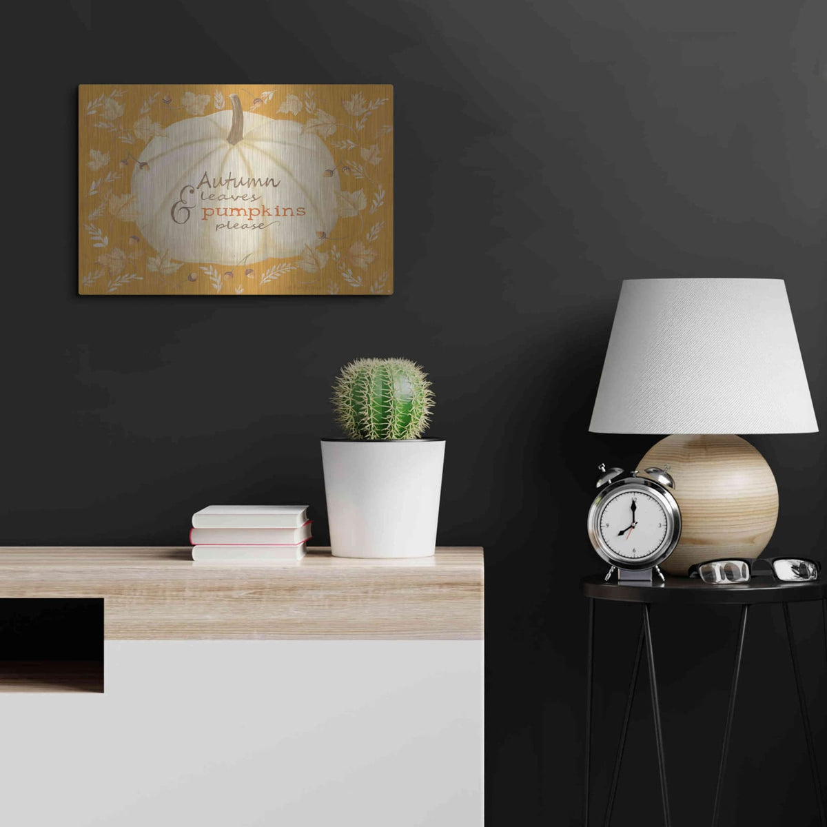 'Autumn Leaves & Pumpkin' by Pam Britton – Metal Wall Art, 24x16 room view