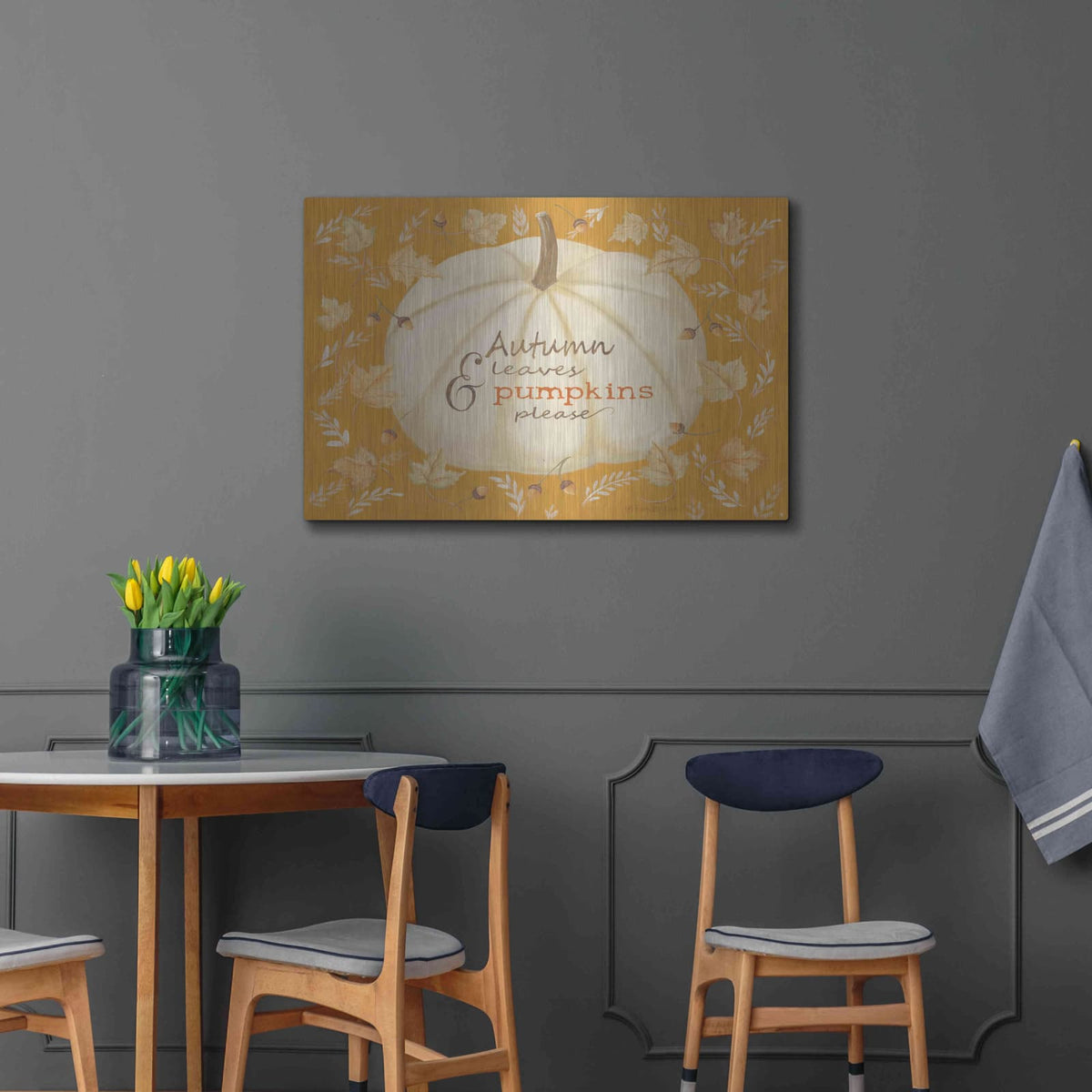 'Autumn Leaves & Pumpkin' by Pam Britton – Metal Wall Art, 36x24 room view