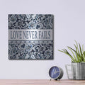'Love Never Fails Navy' by Cindy Jacobs – Metal Wall Art, 12x12 room view