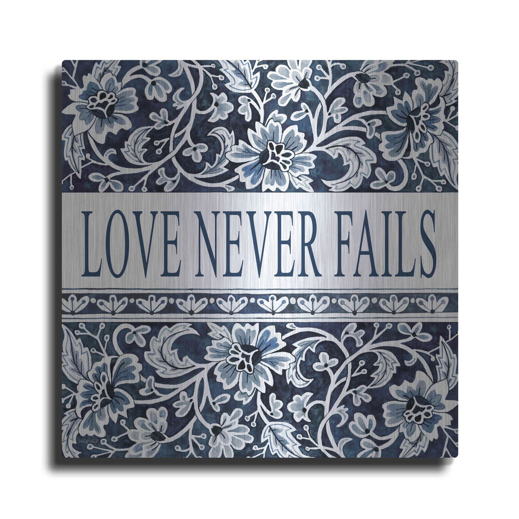 'Love Never Fails Navy' by Cindy Jacobs – Metal Wall Art