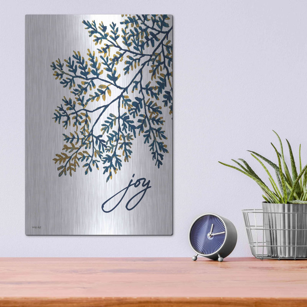 'Joy Navy Gold Leaves' by Cindy Jacobs – Metal Wall Art, 12x16 room view