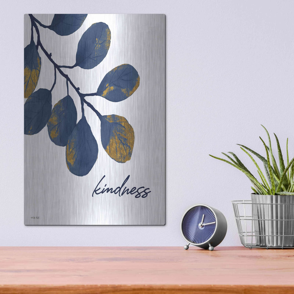 'Kindness Navy Gold Leaves' by Cindy Jacobs – Metal Wall Art, 12x16 room view