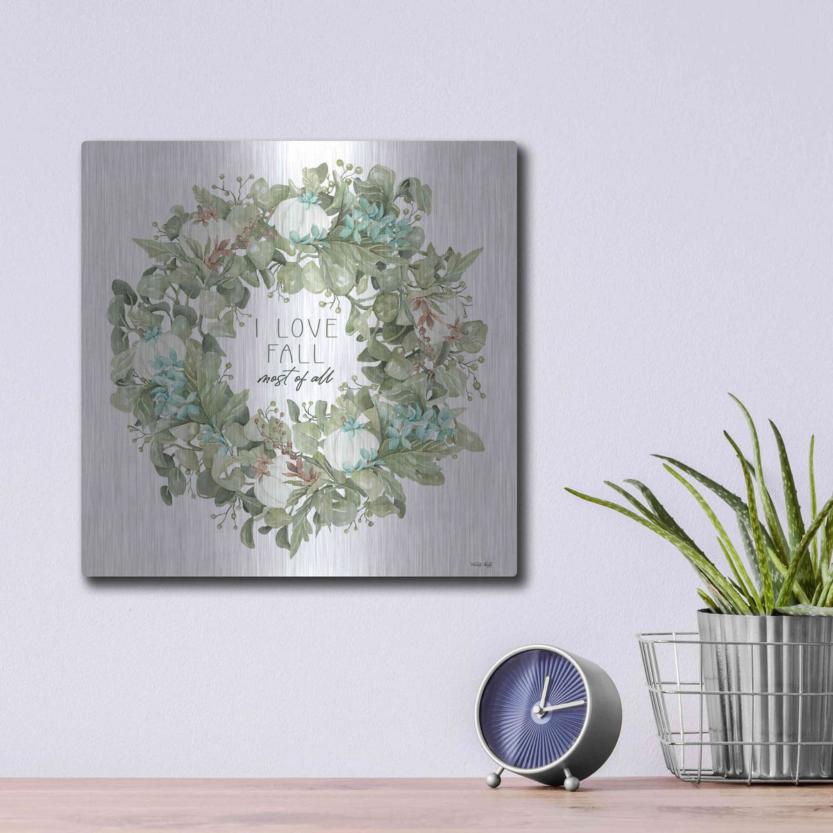 'I Love Fall Wreath' by Cindy Jacobs – Metal Wall Art, 12x12 room view