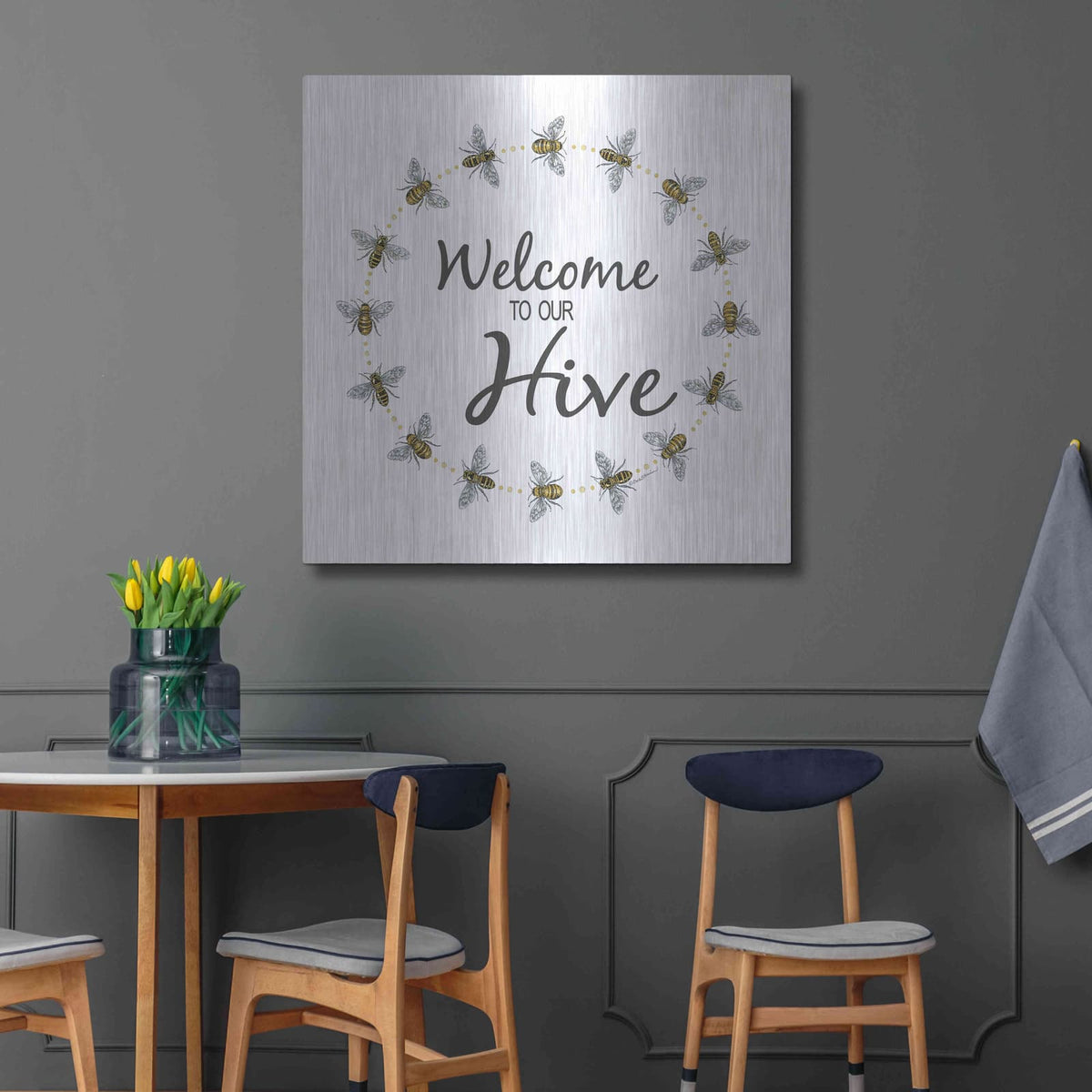 'Welcome To Our Hive' by Deb Strain – Metal Wall Art, 36x36 room view