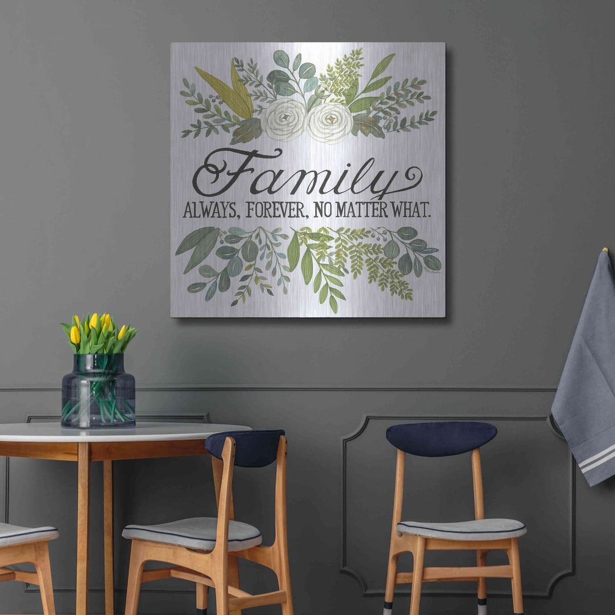 'Family Always, Forever' by Deb Strain – Metal Wall Art, 36x36 room view