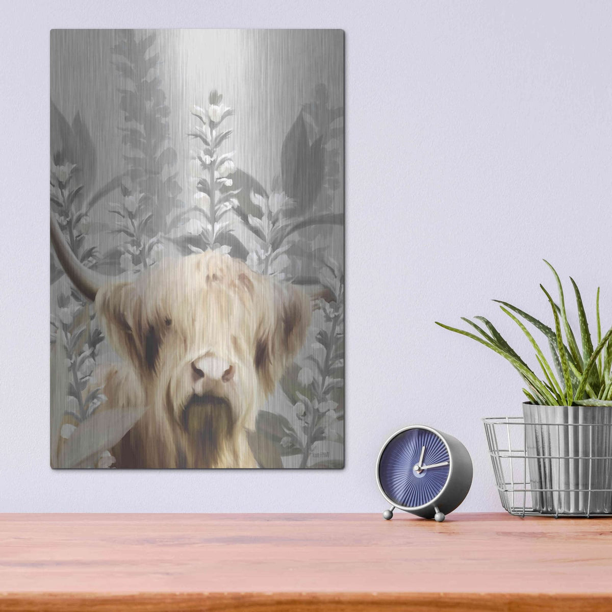 'Hairy Highland In The Field' by House Fenway – Metal Wall Art, 12x16 room view