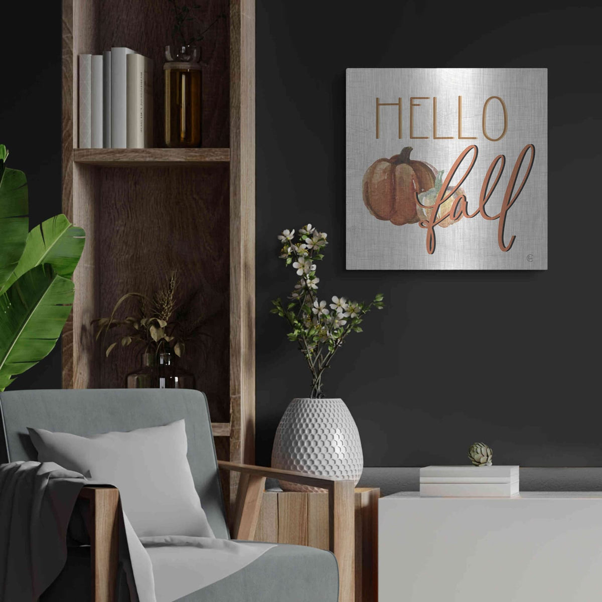 'Hello Fall' by Fearfully Made – Metal Wall Art, 24x24 room view