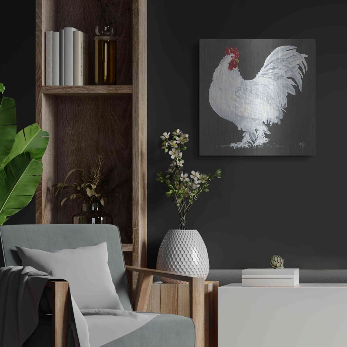 'Rooster' by Hollihocks Art – Metal Wall Art, 24x24 room view