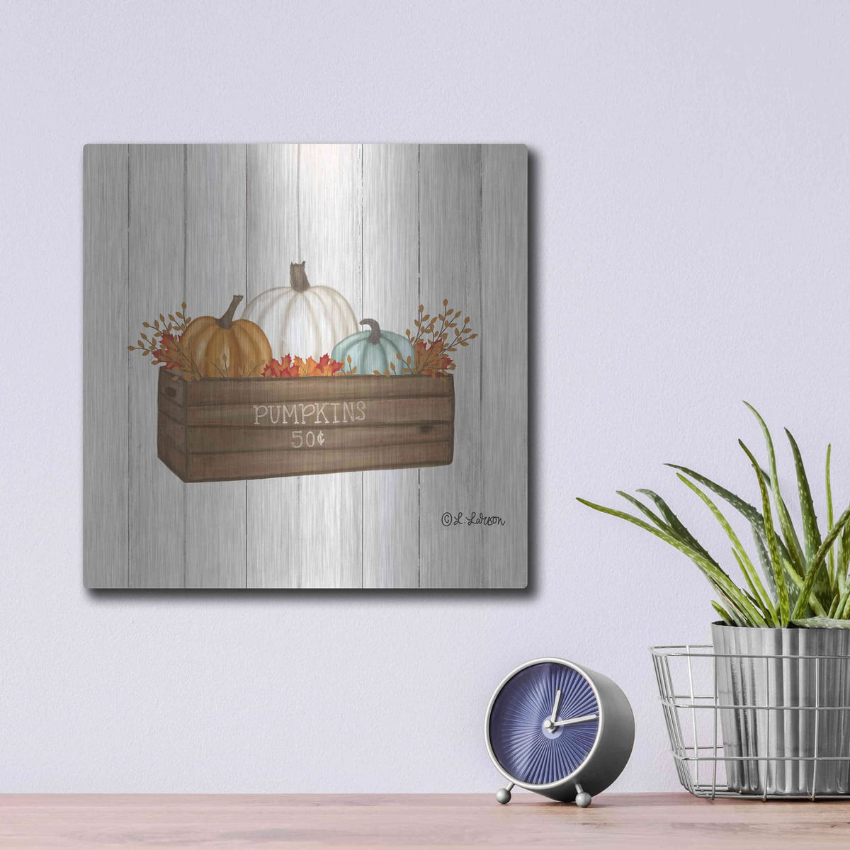 'Pumpkins In Box' by Lisa Larson – Metal Wall Art, 12x12 room view