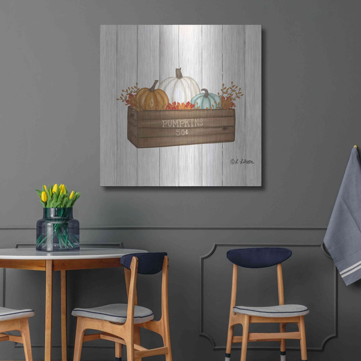'Pumpkins In Box' by Lisa Larson – Metal Wall Art, 36x36 room view