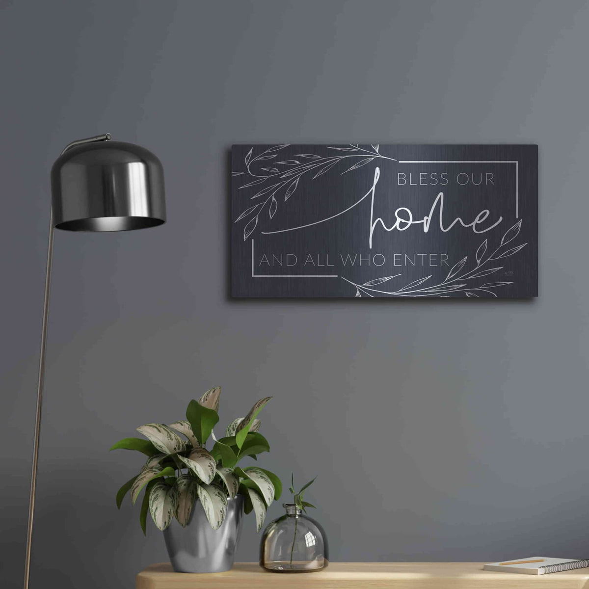 'Bless Our Home and All Who Enter' by Lux + Me – Metal Wall Art, 24x12 room view