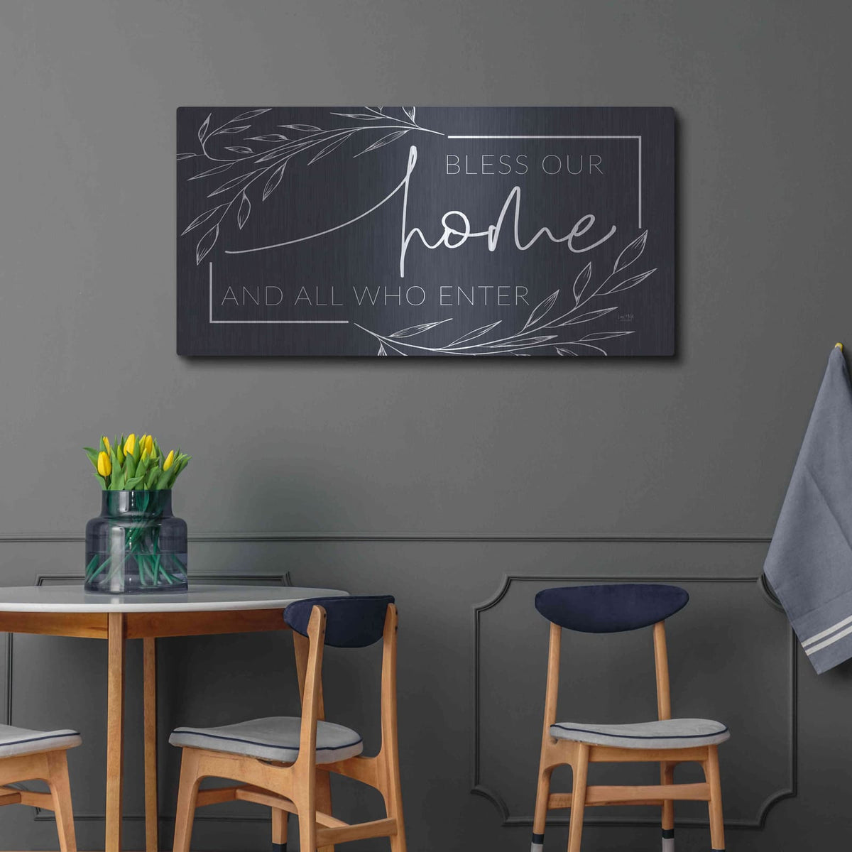 'Bless Our Home and All Who Enter' by Lux + Me – Metal Wall Art, 48x24 room view