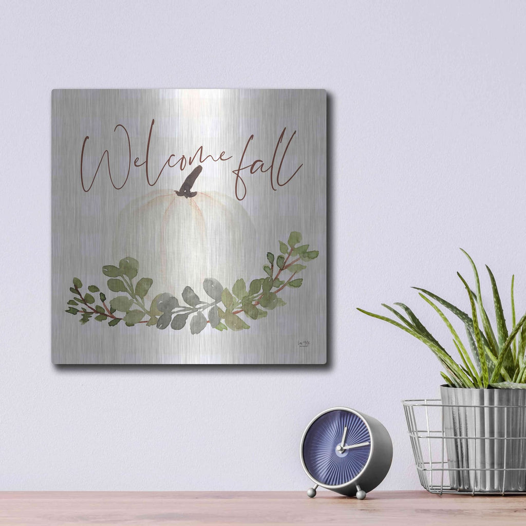 'Welcome Fall Pumpkin' by Lux + Me – Metal Wall Art, 12x12 room view