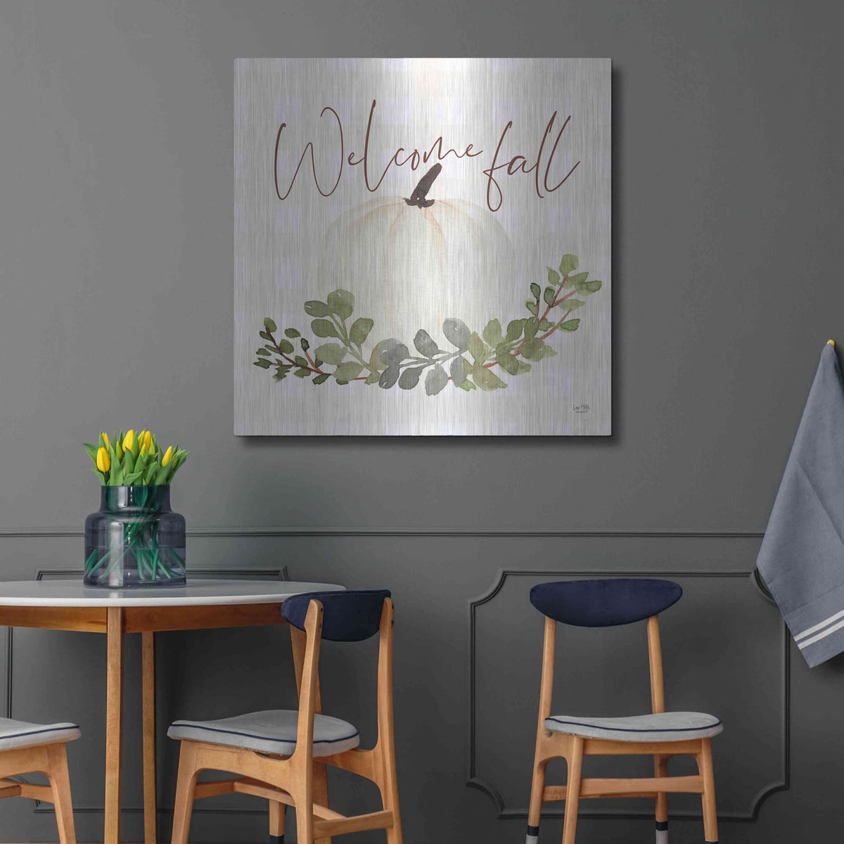 'Welcome Fall Pumpkin' by Lux + Me – Metal Wall Art, 36x36 room view