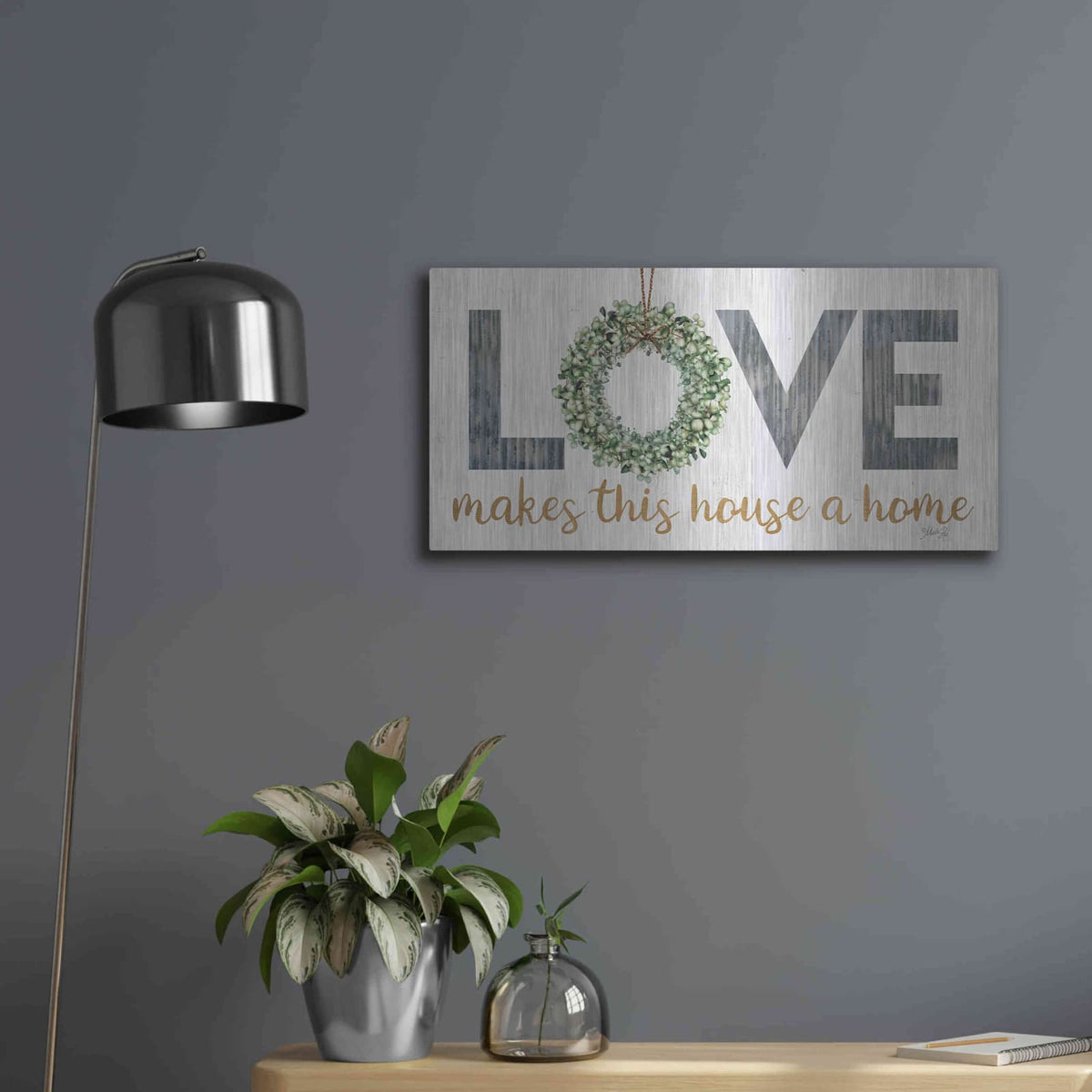 'Love Makes This House a Home with Wreath' by Marla Rae – Metal Wall Art, 24x12 room view