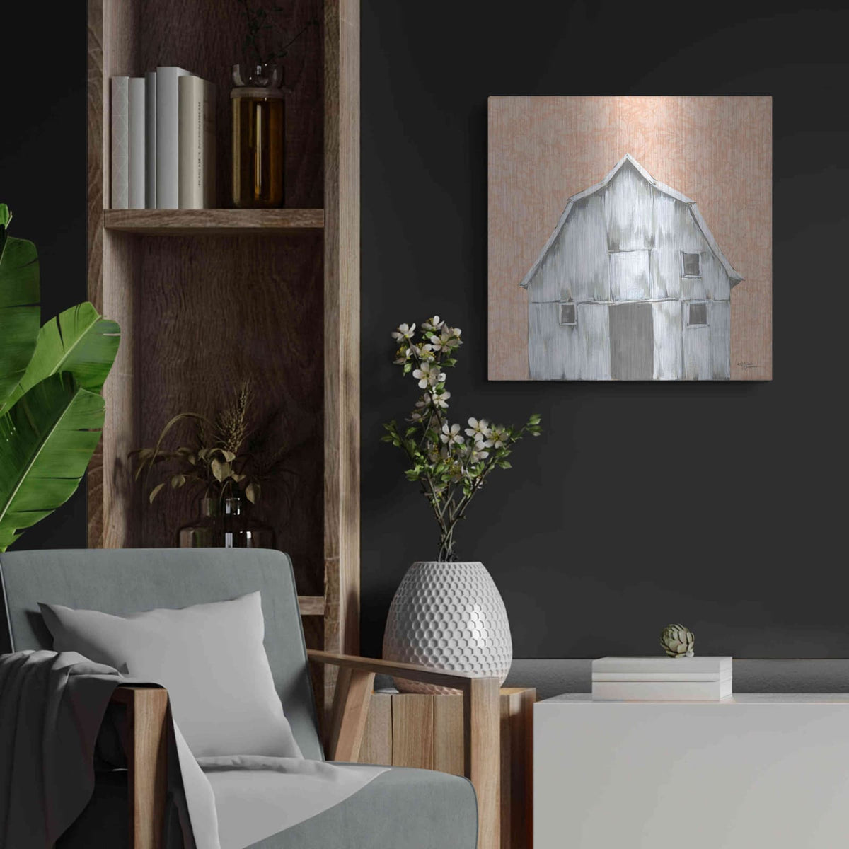 'Peaches & Cream Barn' by Michele Norman – Metal Wall Art, 24x24 room view