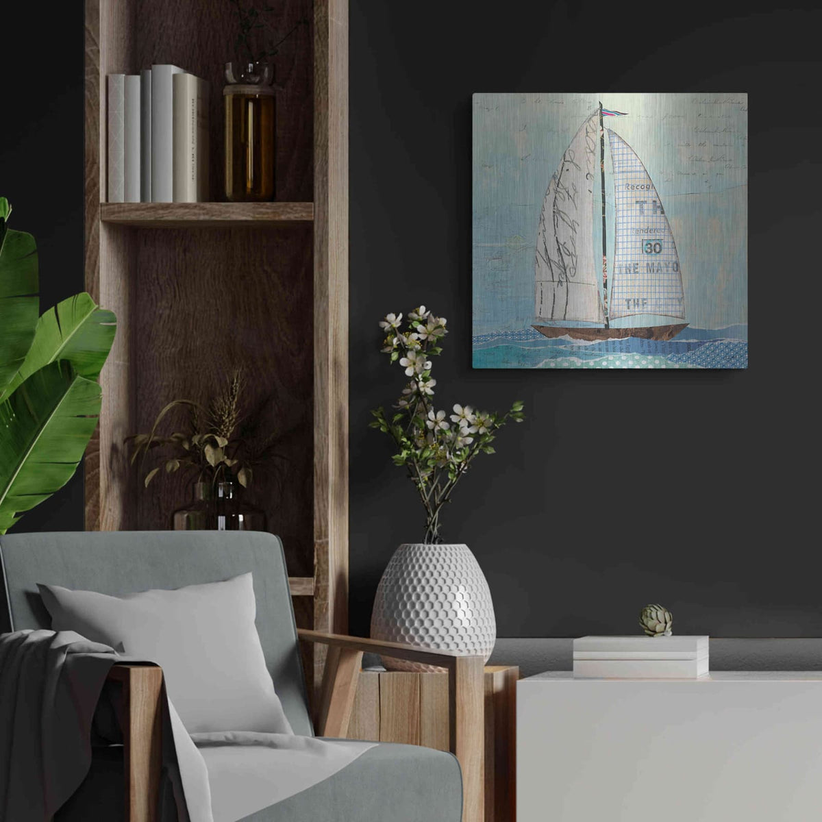 'At the Regatta III Sail Sq' by Courtney Prahl – Metal Wall Art, 24x24 room view