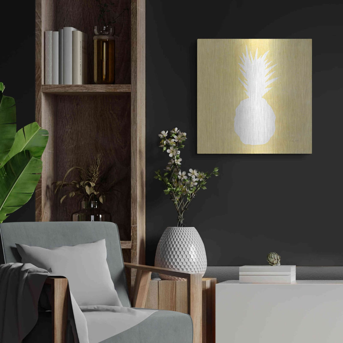 'Tropical Fun Pineapple Silhouette II' by Courtney Prahl – Metal Wall Art, 24x24 room view