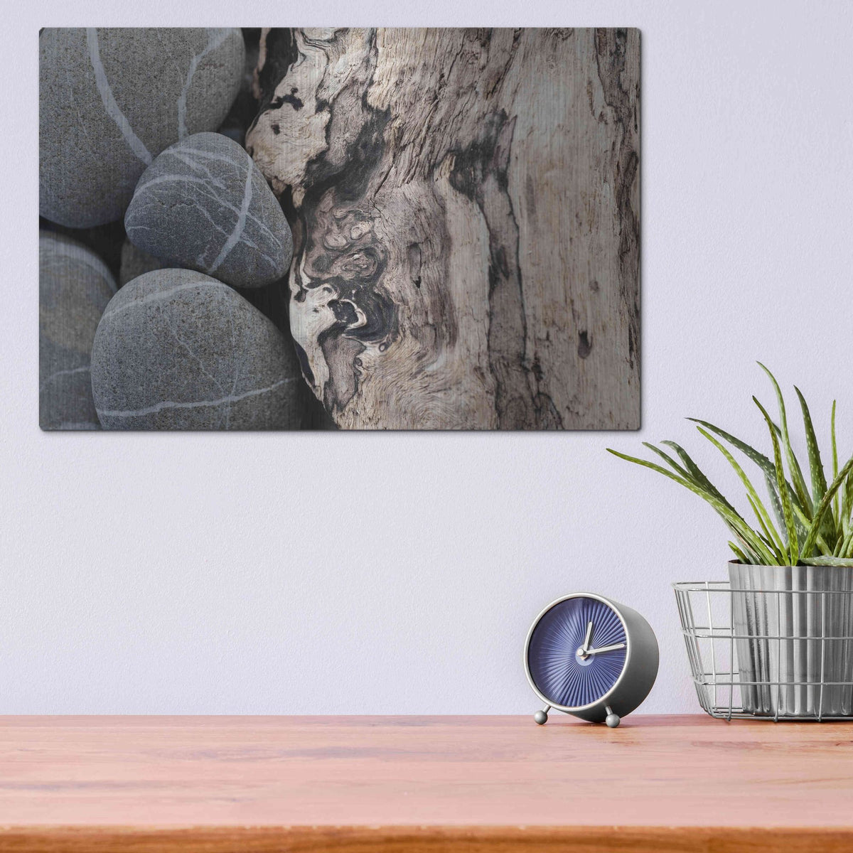Luxe Metal Art 'Dirftwood and Beach Stones' by Elena Ray, Metal Wall Art,16x12