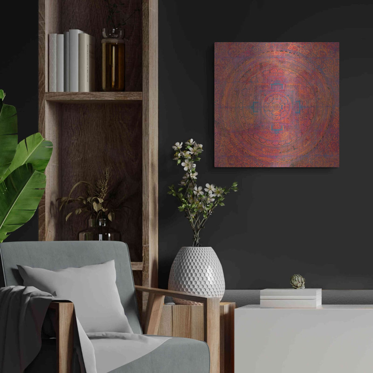 'Modern Vintage Meditation Mandala' by Elena Ray – Metal Wall Art, 24x24 room view