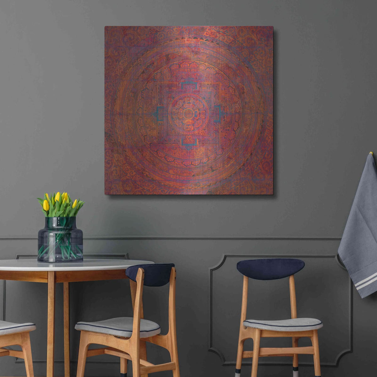 'Modern Vintage Meditation Mandala' by Elena Ray – Metal Wall Art, 36x36 room view