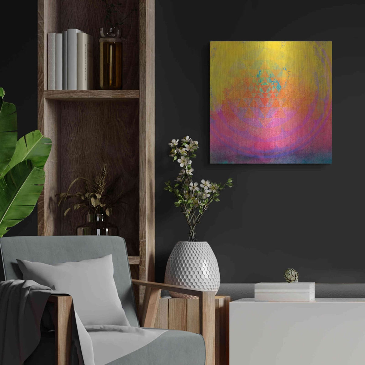'High Frequency Mandala Fragment' by Elena Ray – Metal Wall Art, 24x24 room view