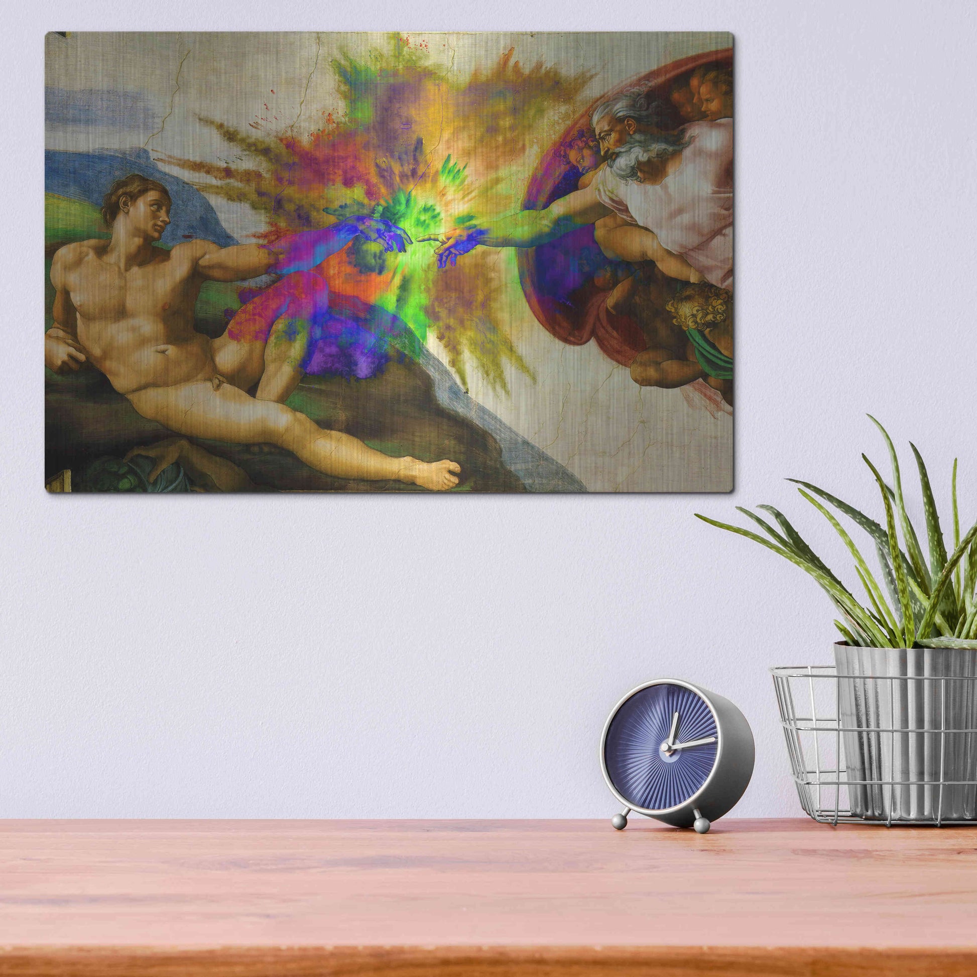 Luxe Metal Art 'Michelangelo - Creation of Adam Colorful I' by Epic Art Portfolio, Metal Wall Art,16x12