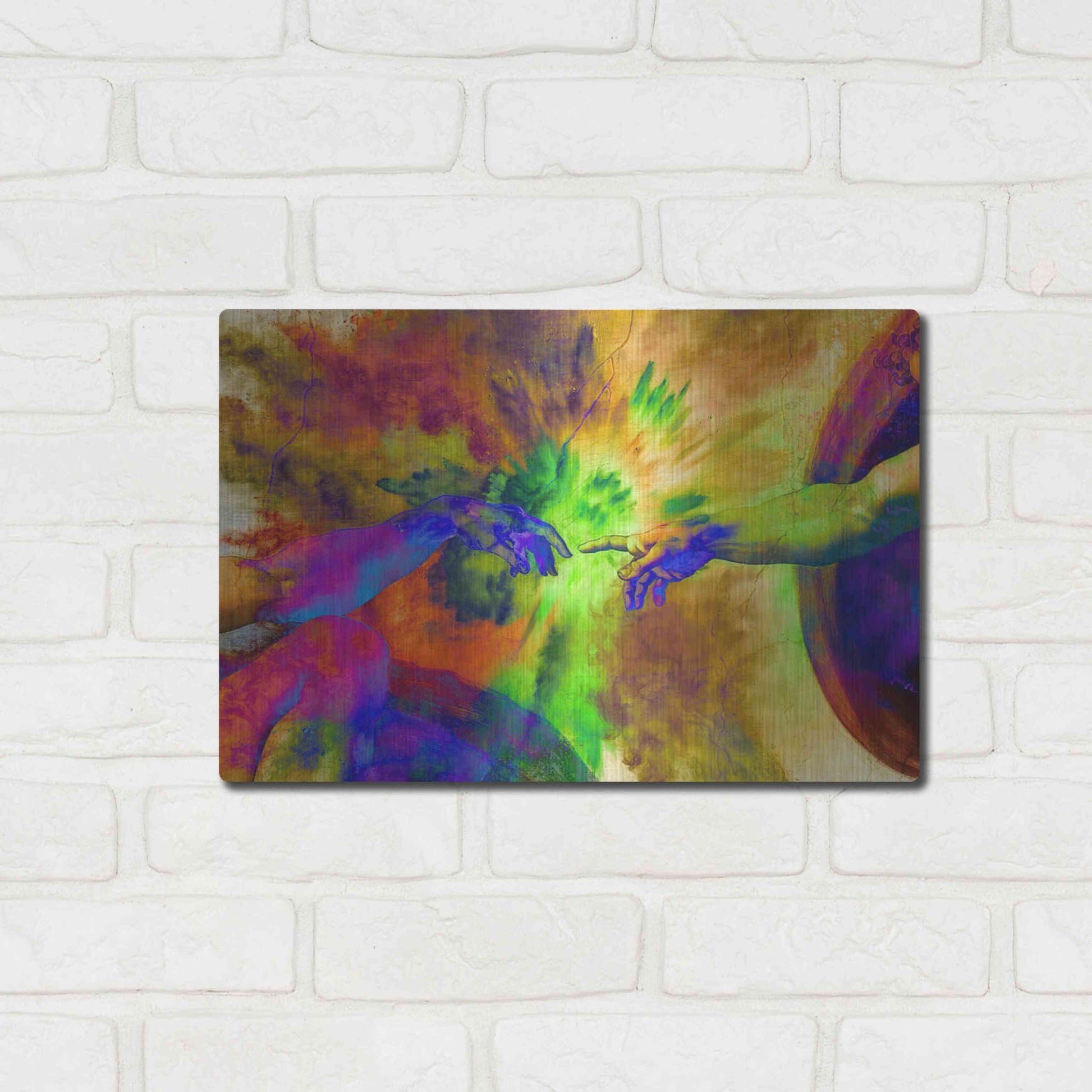 Luxe Metal Art 'Michelangelo - Creation of Adam Colorful II' by Epic Art Portfolio, Metal Wall Art,16x12