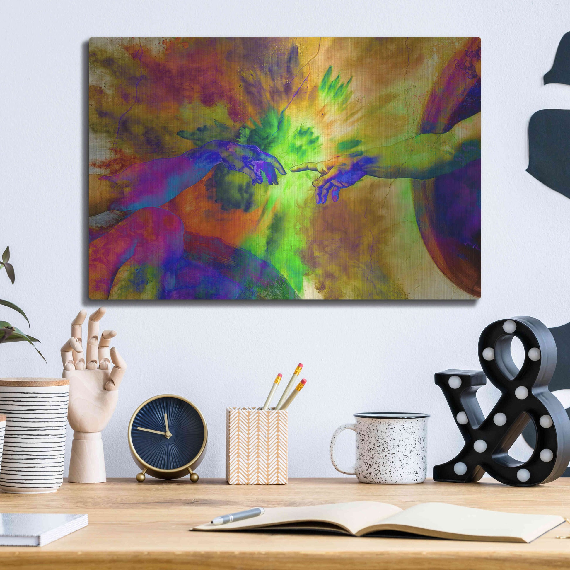Luxe Metal Art 'Michelangelo - Creation of Adam Colorful II' by Epic Art Portfolio, Metal Wall Art,16x12